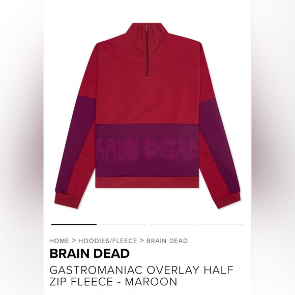 BRAIN DEAD GASTROMANIAC OVERLAY HALF
ZIP FLEECE - MAROON Men’s LARGE - Picture 7 of 8